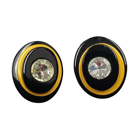 Vintage 60s- 70s Black Lucite Clear Rhinestone Crystal Stud Earrings - Picture 1 of 2